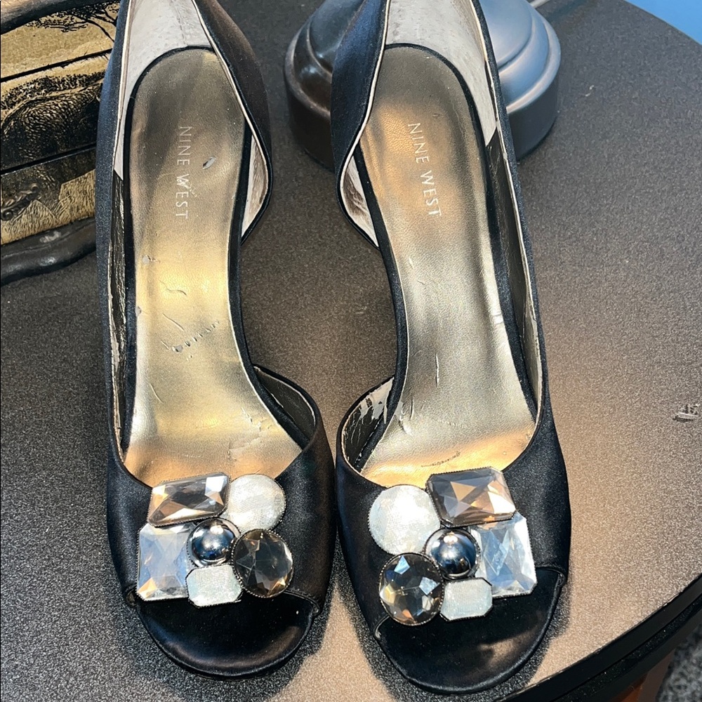 Nine West Black Satin Peep-Toe Heels with Crystal Embellishments, Size 11.